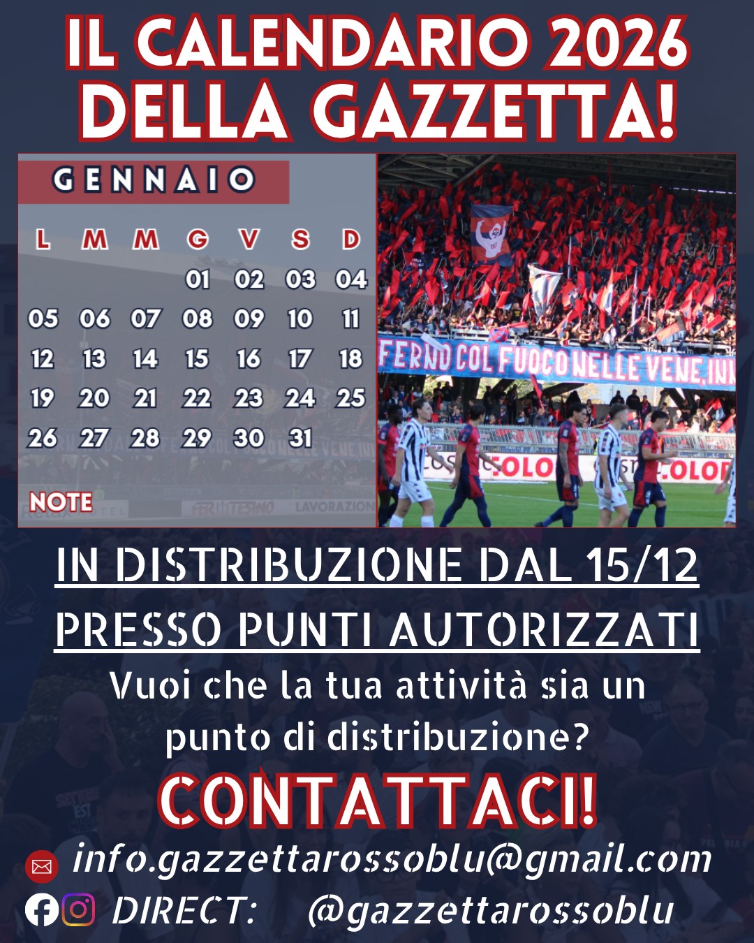 CALENDARIO GAZZETTA 🔴🔵

Ultimi giorni e poi inizieranno le consegne del Calendario 2026 della Gazzetta Rossoblù 🗓 presso i punti autorizzati

#calendario2026 #calendario #grb #lagazzettarossoblù