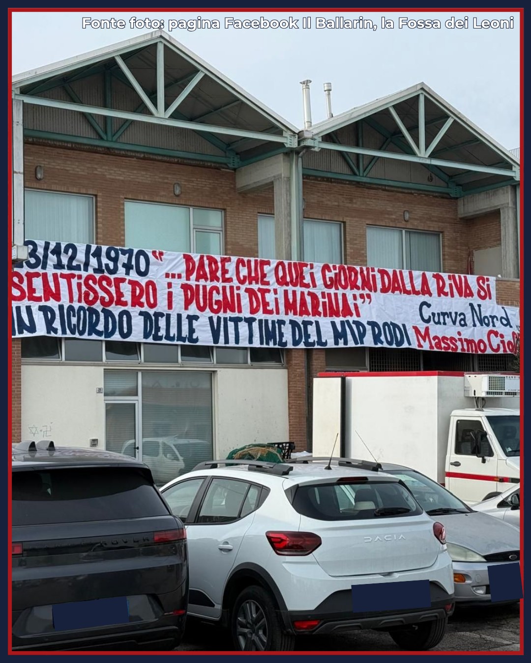 Ai caduti del mare 🌹

Lo striscione esposto in zona porto dalla Curva Nord Massimo Cioffi: "A cinquantacinque anni dalla tragedia del M/P Rodi, nel ricordo dei nove marinai e del Ragionier Mengoni della società Armatoriale Aretusa che persero la vita in mare a ridosso delle festività natalizie"

Fonte foto: pagina Facebook Il Ballarin, la Fossa dei Leoni

#curvanord #curvanordmassimocioffi #rodi #mprodi #sanbenedettodeltronto #sanbenedetto #sbt #cadutidelmare @sbt.tourism #grb #lagazzettarossoblù