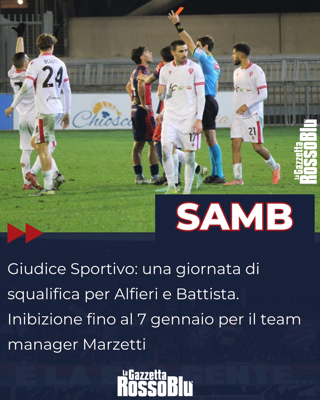 GIUDICE SPORTIVO 👨‍⚖

@u.s.sambenedettese 🔴🔵, le decisioni del Giudice Sportivo: 1 turno di squalifica per Alfieri e Battista, inibizione fino al 7 gennaio per il team manager Marzetti ❌

#giudicesportivo #grb #gazzettarossoblù #samb #sambenedettese #instagol #instafootball #lagazzettarossoblù #calcio #rossoblù #seriec #gironeb #legapro #seriecskywifi