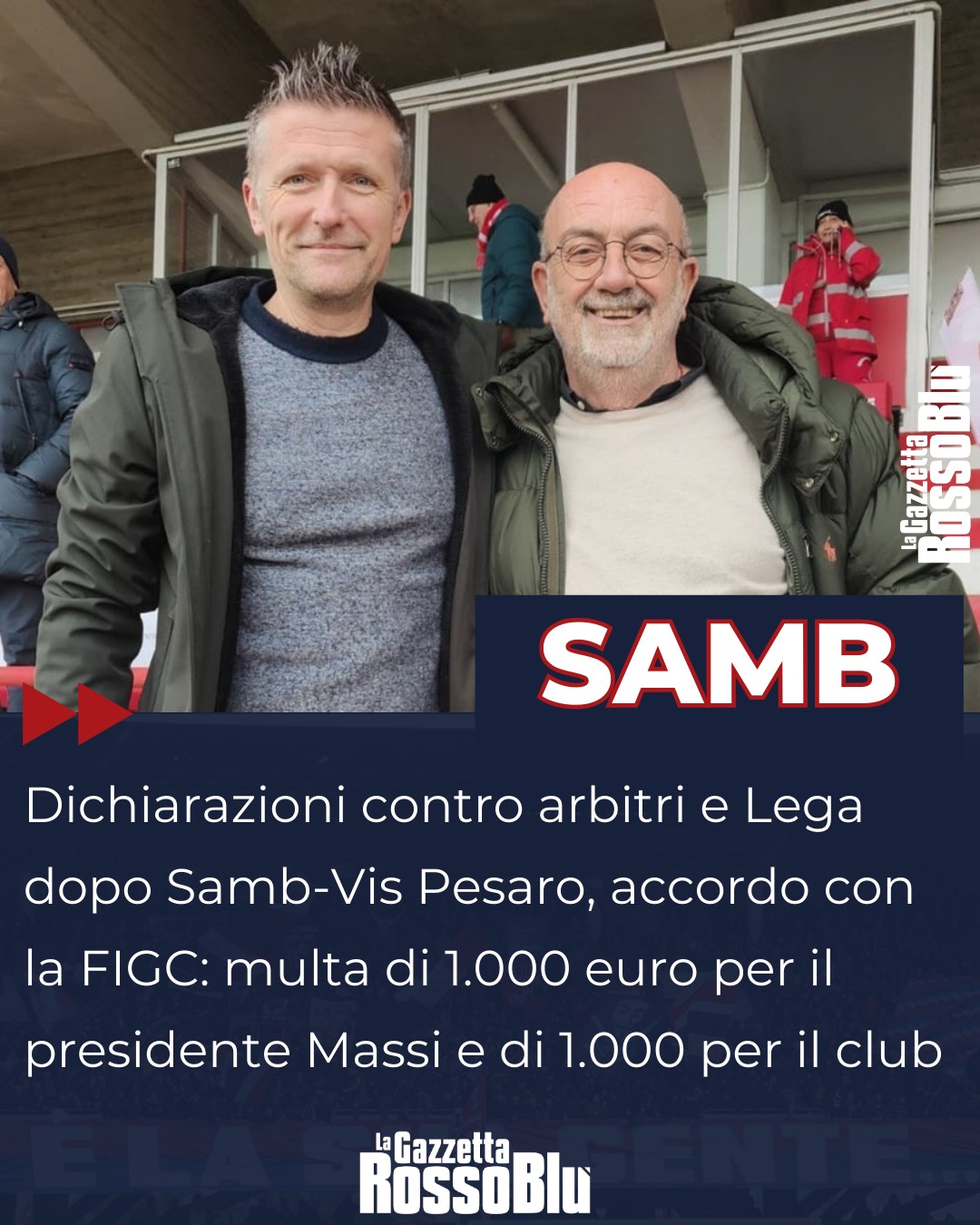 LA SANZIONE ⚠

Accordo tra @u.s.sambenedettese 🔴🔵 e FIGC: 1.000 euro di multa per il presidente Massi e 1.000 per il club per via delle dichiarazioni 🎙 nel post-partita di Samb-Vis Pesaro

#vittoriomassi #massi #grb #gazzettarossoblù #samb #sambenedettese #instagol #instafootball #lagazzettarossoblù #calcio #rossoblù #seriec #gironeb #legapro #seriecskywifi