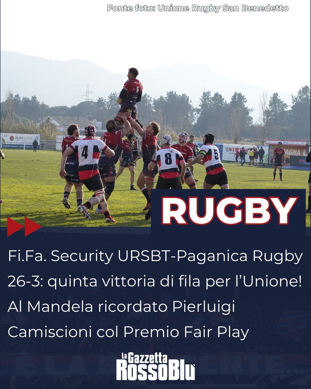 RUGBY 🏉

Unione Rugby San Benedetto 🔴🔵 inarrestabile! Al Mandela arriva la quinta vittoria consecutiva 📈 nel giorno del ricordo per Pierluigi Camiscioni con il premio Fair Play a lui intitolato 🏆

#paganicarugby #ursbtpaganica #pierluigicamiscioni #camiscioni #unionerugbysanbenedetto #ursbt #unionerugbysbt #fifasecurity #rugby #seriea #grb #gazzettarossoblù #lagazzettarossoblù