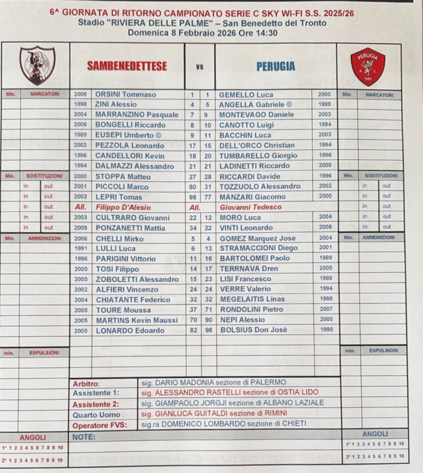 FORMAZIONI UFFICIALI📝

⏳️@u.s.sambenedettese-Perugia

L'undici rossoblù🔴🔵 scelto da Mister D'Alesio: dall'inizio Marranzino, Pezzola ritrova Lepri e Dalmazzi