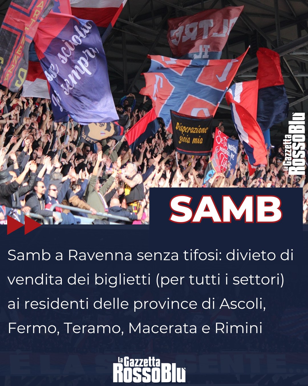 DIVIETO ⛔

@u.s.sambenedettese 🔴🔵 a Ravenna senza tifosi: divieto di vendita dei biglietti (per tutti i settori del Benelli) per i residenti di 5 province

#ravsam #ravennasamb #stadiobrunobenelli #grb #gazzettarossoblù #samb #sambenedettese #instagol #instafootball #lagazzettarossoblù #calcio #rossoblù #seriec #gironeb #legapro #seriecskywifi