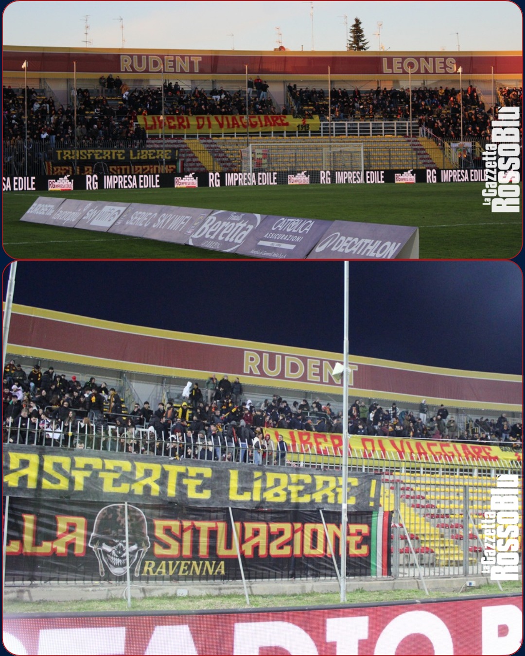 📣 "TRASFERTE LIBERE"

Lunga protesta dei tifosi del @ravennafootballclub 🦁 contro la decisione di vietare la trasferta ai tifosi della @u.s.sambenedettese 🔴🔵

Il tifo organizzato giallorosso ha lasciato vuota la parte centrale della curva per TUTTO il primo tempo, restando in silenzio ed esponendo due striscioni chiari: "Trasferte libere" e "Liberi di viaggiare"

#ravsam #ravennasamb #fototifo #tifoseria #tifosi #stadiobrunobenelli #grb #gazzettarossoblù #samb #sambenedettese #instagol #instafootball #lagazzettarossoblù #calcio #rossoblù #seriec #gironeb #legapro #seriecskywifi
