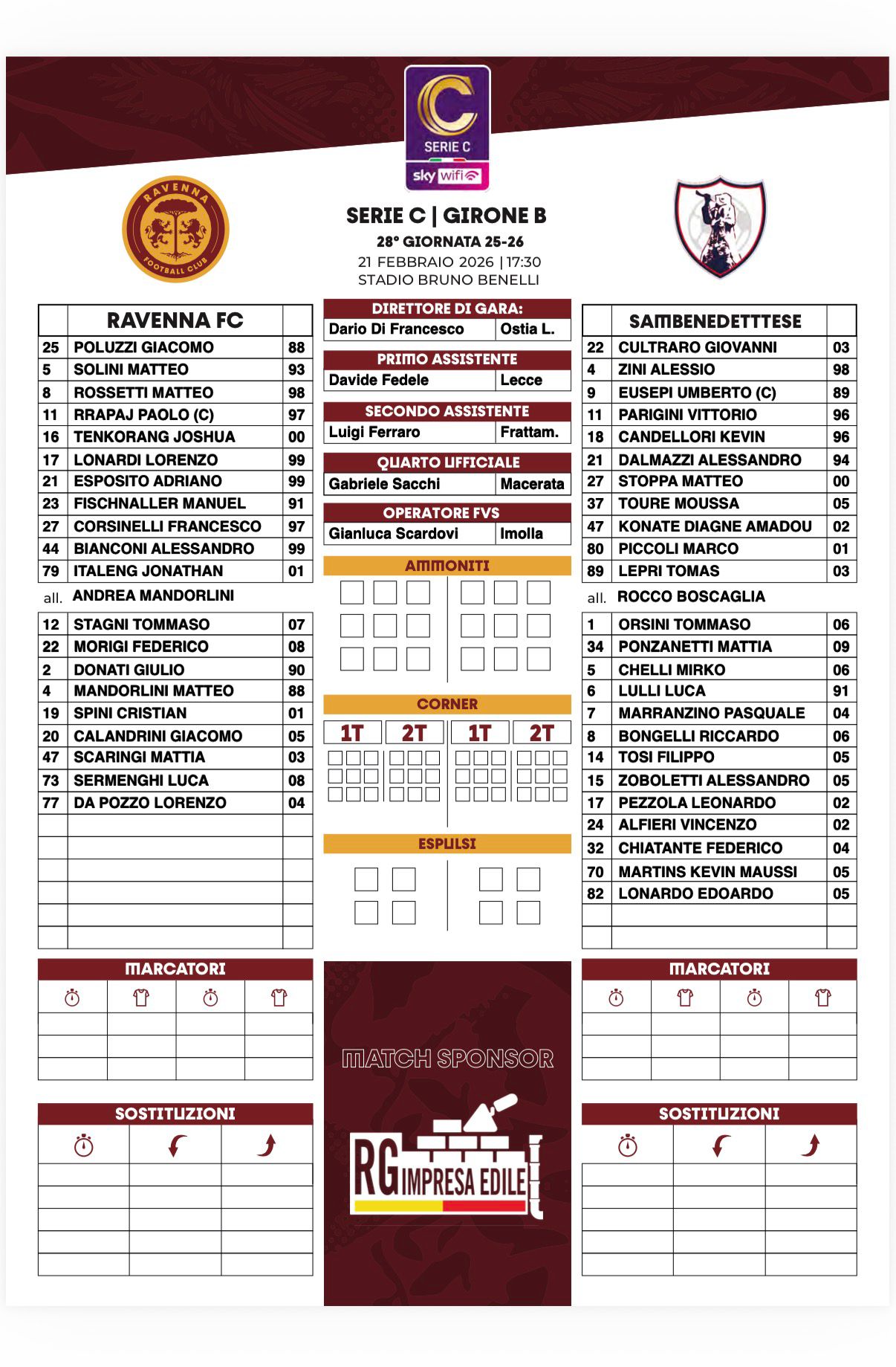 LE FORMAZIONI 🏟

Ecco le formazioni di Ravenna e Samb 🔴🔵: Boscaglia sceglie Cultraro in porta, torna titolare Konaté

#ravsam #ravennasamb #grb #gazzettarossoblù #samb #sambenedettese #instagol #instafootball #lagazzettarossoblù #calcio #rossoblù #seriec #gironeb #legapro #seriecskywifi