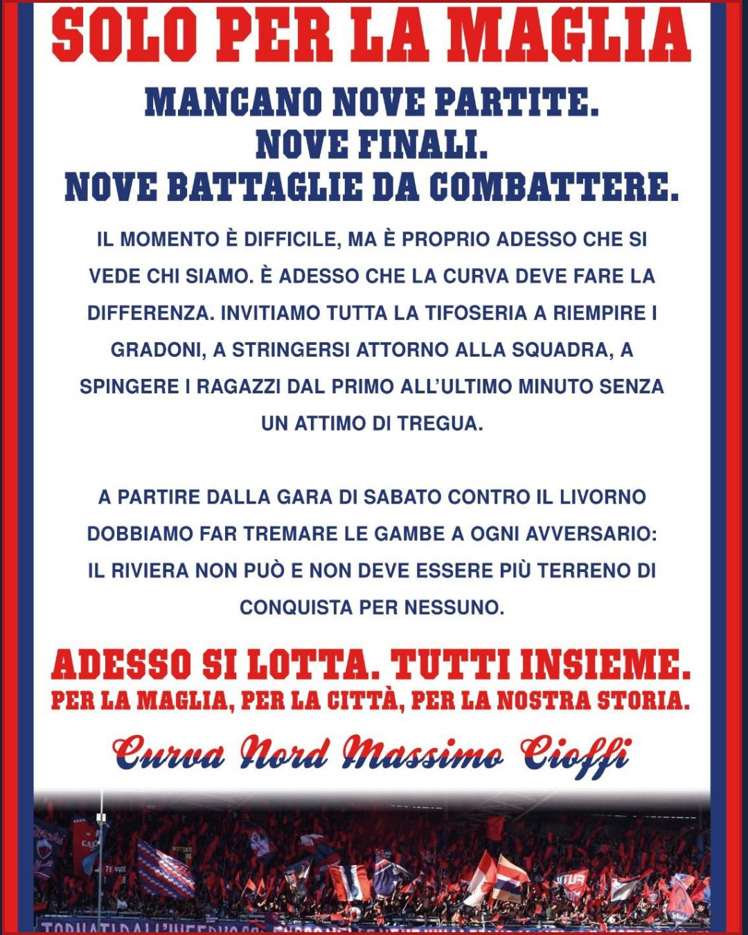 L'APPELLO DELLA CURVA 📣

@u.s.sambenedettese 🔴🔵, l'appello della Curva Nord Massimo Cioffi: «Adesso si lotta, tutti insieme» ⚔

Fonte foto: Il Ballarin, la Fossa dei Leoni

#curvanordmassimocioffi #curvanord #cnmc #grb #gazzettarossoblù #samb #sambenedettese #instagol #instafootball #lagazzettarossoblù #calcio #rossoblù #seriec #gironeb #legapro #seriecskywifi