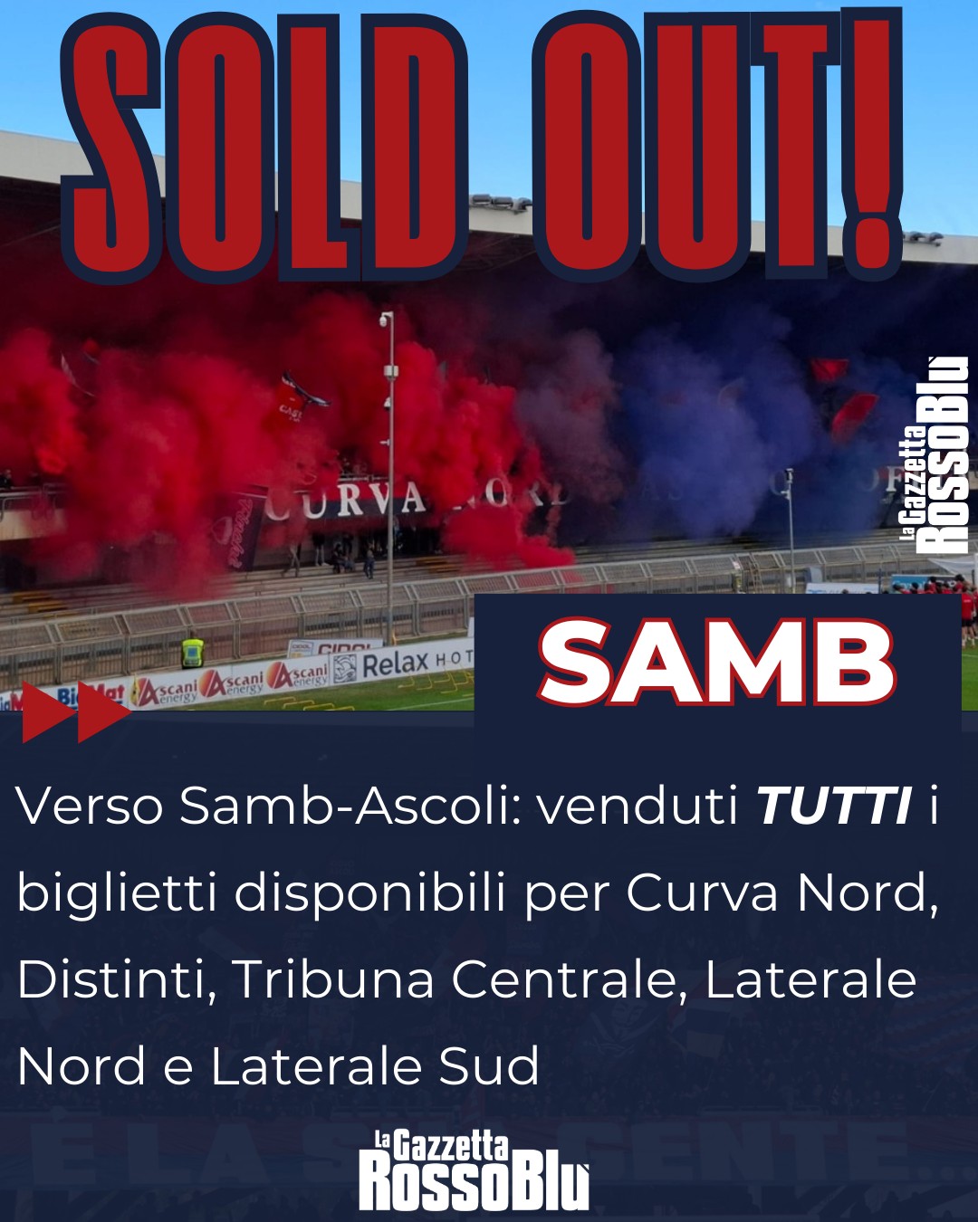 VIGILIA ⏳

TUTTI VENDUTI ⚠ i biglietti per la sfida tra U.S. Sambenedettese 🔴🔵 e Ascoli: attesi al Riviera delle Palme 🏟 più di 10.000 spettatori
