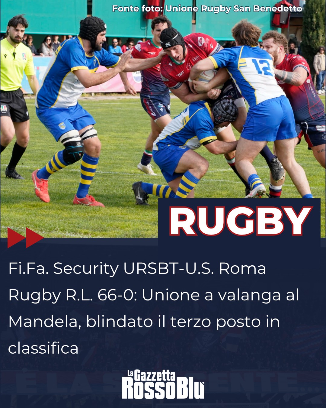 RUGBY 🏉

L'@unione_rugby_samb 🔴🔵 travolge l'U.S. Roma Rugby: al Mandela finisce 66-0 per la squadra di coach Leandro Lobrauco

#unionerugbysanbenedetto #ursbt #unionerugbysbt #fifasecurity #rugby #seriea #grb #gazzettarossoblù #lagazzettarossoblù