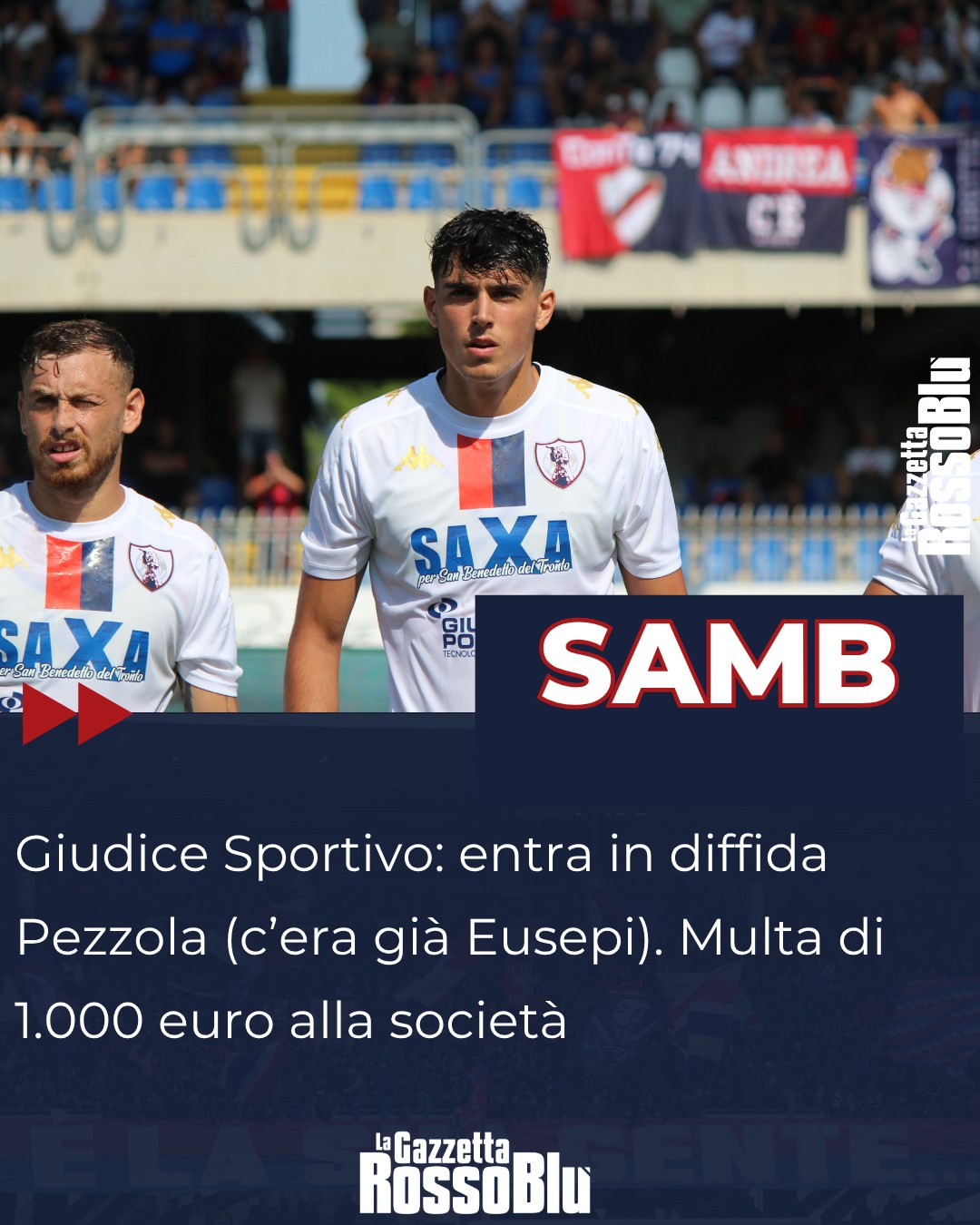 GIUDICE SPORTIVO 👨‍⚖

@u.s.sambenedettese 🔴🔵, entra in diffida Leonardo Pezzola ⚠. Multa di 1.000 euro al club per lancio di un fumogeno e danneggiamento di alcuni seggiolini nel settore ospiti

#leonardopezzola #pezzola #grb #gazzettarossoblù #samb #sambenedettese #instagol #instafootball #lagazzettarossoblù #calcio #rossoblù #seriec #gironeb #legapro #seriecskywifi