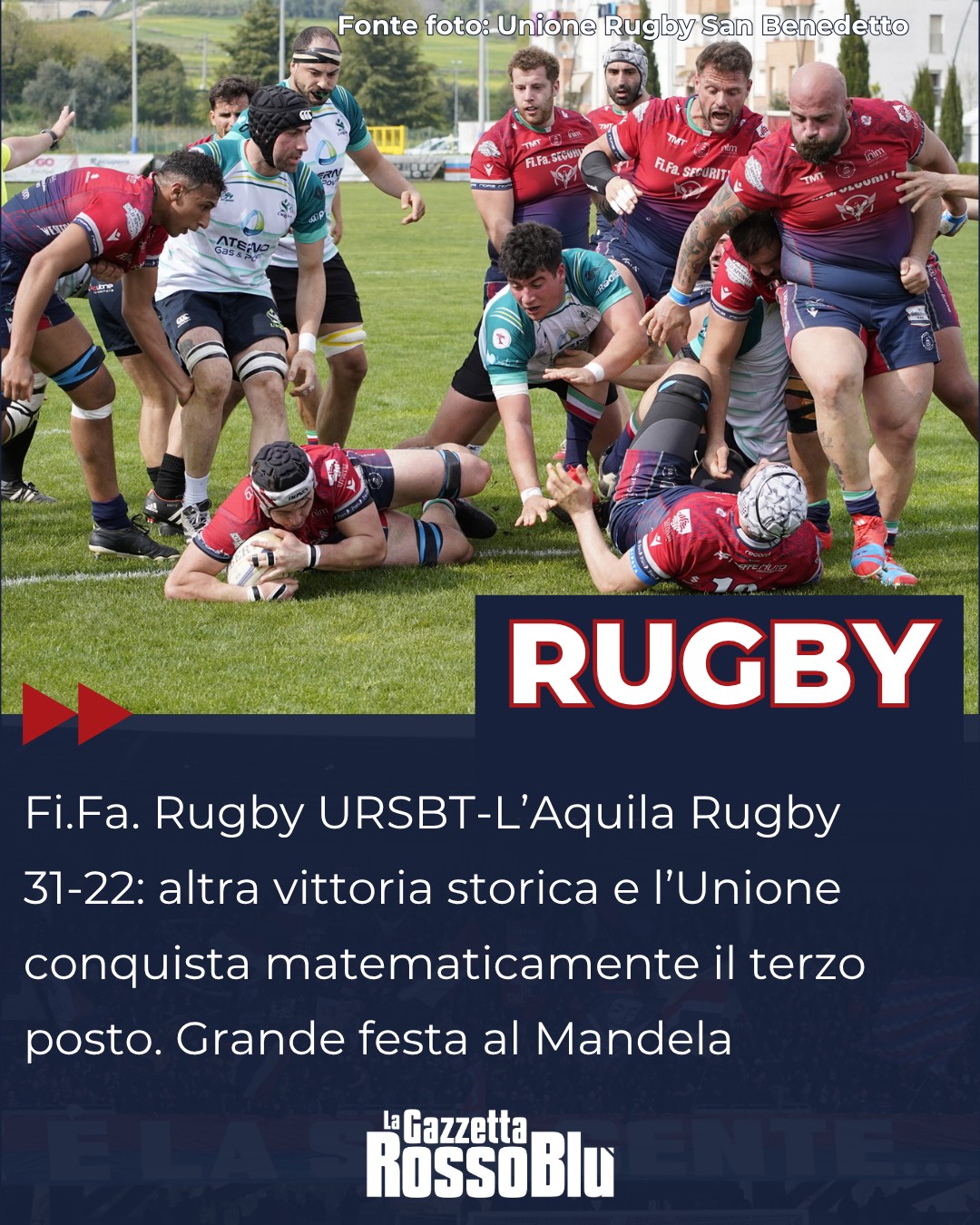 RUGBY 🏉

L'@unione_rugby_samb 🔴🔵 batte L'Aquila in un Mandela 🏟 gremito e si regala la certezza del terzo posto in classifica 📊 al suo primo anno di Serie A 🎉

#ursbtlaquila #laquilarugby #camponelsonmandela #campomandela #unionerugbysanbenedetto #ursbt #unionerugbysbt #fifasecurity #rugby #seriea #grb #gazzettarossoblù #lagazzettarossoblù #leandrolobrauco