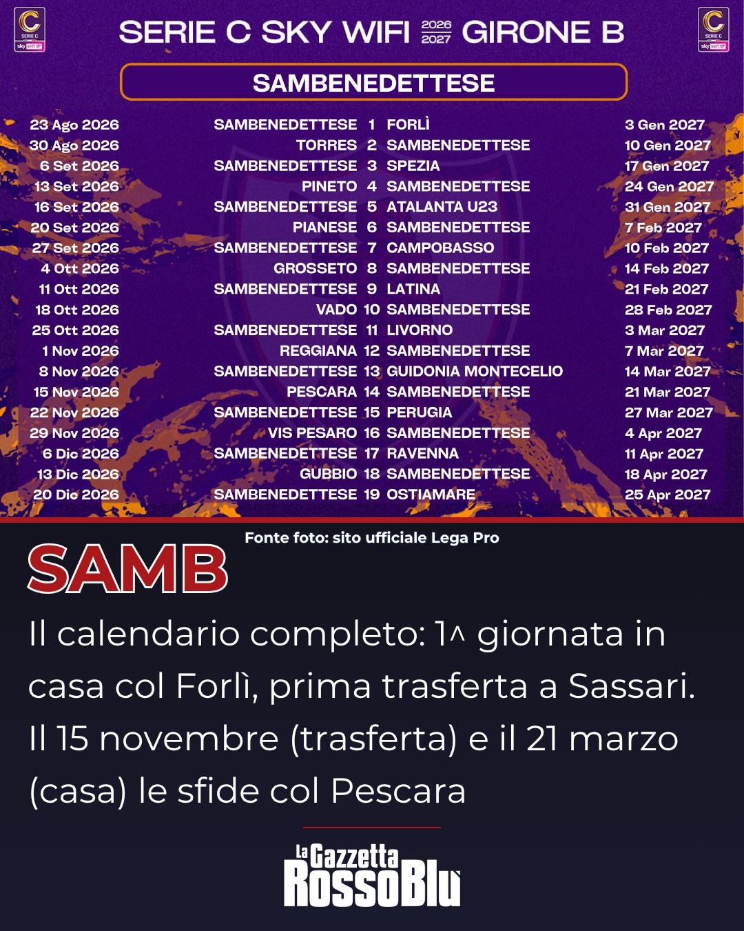 IL CALENDARIO DELLA SAMB 🗓

Il calendario completo dell'@u.s.sambenedettese 🔴🔵 per il campionato di Serie C girone B 2026/27

Esordio casalingo col Forlì 🏟, poi la trasferta di Sassari. La doppia sfida col Pescara 🐬 sarà il 15 novembre all'Adriatico e il 21 marzo al Riviera

Fonte foto: sito ufficiale @seriec

#calendario #grb #gazzettarossoblù #samb #sambenedettese #lagazzettarossoblù #calcio #seriec #gironeb #legapro #seriecskywifi