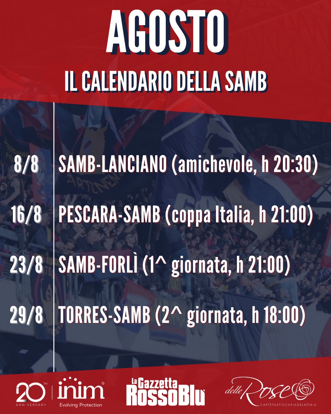 AGOSTO 🗓

Inizia il mese di agosto, quello in cui inizia ▶ il campionato 2026/27 di Serie C

Ecco tutti gli appuntamenti dell'@u.s.sambenedettese 🔴🔵: dall'amichevole col Lanciano alle prime due partite di campionato con Forlì e Torres

#calendario #grb #gazzettarossoblù #samb #sambenedettese #lagazzettarossoblù #calcio #seriec #gironeb #legapro #seriecskywifi