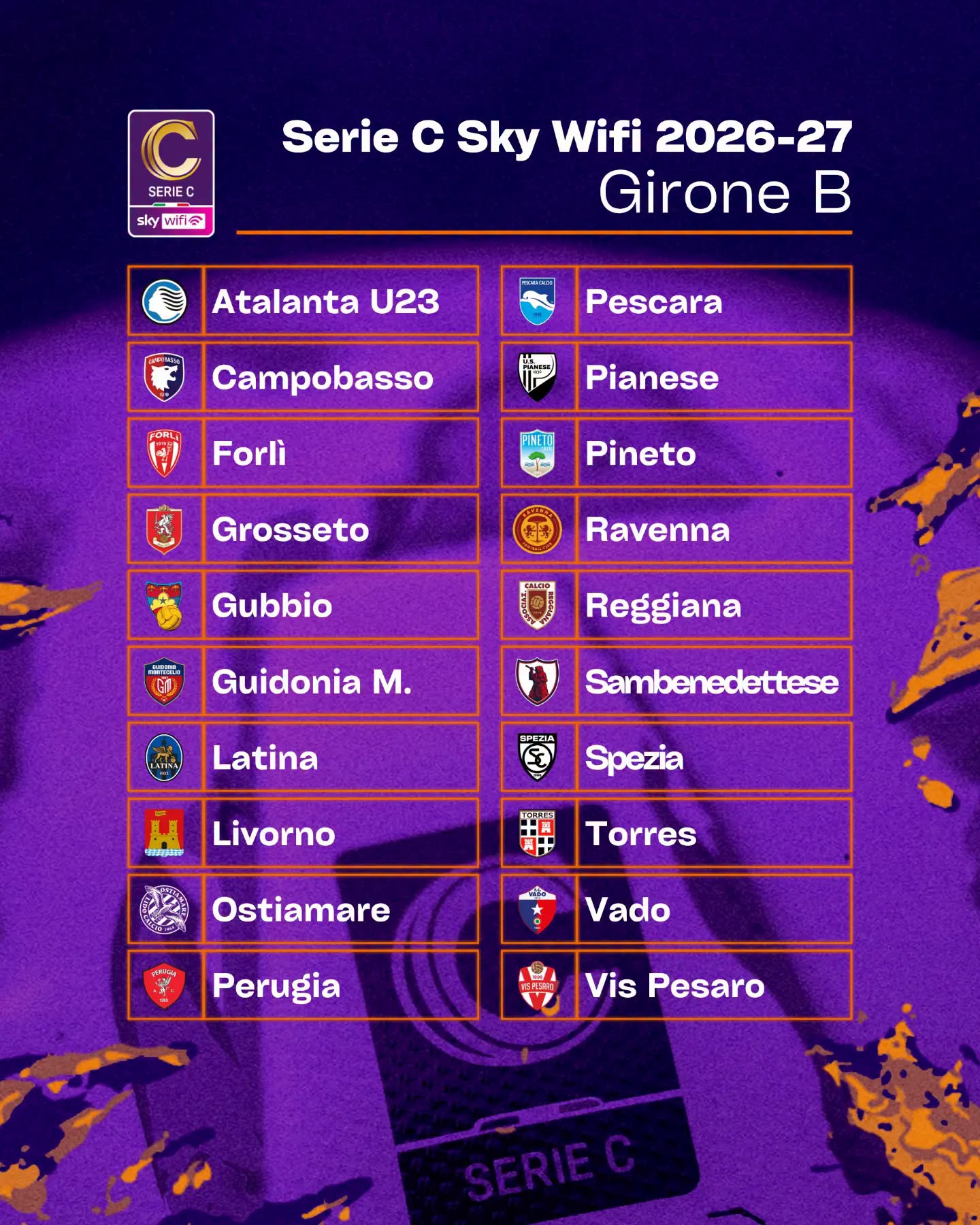 SERIE C GIRONE B 2026/27 🗓

Ecco la composizione del girone B di Serie C per la stagione 2026/27 🏟

Cosa ne pensate? Scrivetelo nei commenti ✍🏻

Fonte foto: pagina Facebook-Instagram Lega Pro

#grb #gazzettarossoblù #samb #sambenedettese #lagazzettarossoblù #calcio #seriec #gironeb #legapro #seriecskywifi