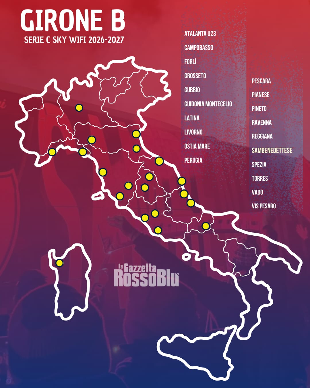 LA MAPPA DEL CAMPIONATO 🗺

20 squadre a rappresentare ben 10 regioni d'Italia 📍: ecco la mappa del campionato di Serie C girone B 2026/27

🔜 [nel prossimo post le squadre suddivise per singola regione)

#grb #gazzettarossoblù #samb #sambenedettese #lagazzettarossoblù #calcio #seriec #gironeb #legapro #seriecskywifi #mappa #campionato