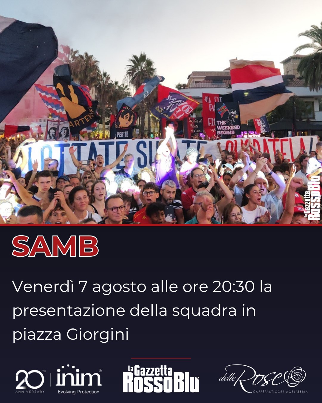 PRESENTAZIONE 📣

Fissato anche l'orario: venerdì 7 agosto alle ore 20:30 la presentazione ufficiale dell'@u.s.sambenedettese 🔴🔵 in piazza Giorgini

#sanbenedettodeltronto #sanbenedetto #sbt #grb #gazzettarossoblù #samb #sambenedettese #lagazzettarossoblù #calcio #seriec #gironeb #legapro #seriecskywifi