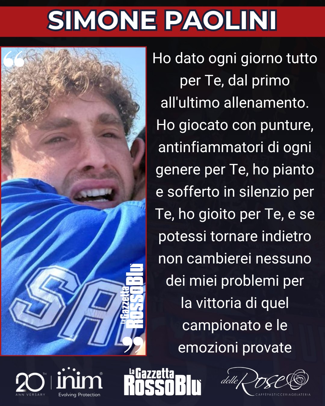 PAOLINI 💬

Il saluto di Simone Paolini all'@u.s.sambenedettese 🔴🔵

✍🏻 Un saluto commosso di chi, nonostante le annate segnate dai problemi fisici, ha dato tutto se stesso in ogni situazione per la propria squadra: in tre anni mai una dichiarazione fuori posto e, anzi, nei periodi in cui non è potuto scendere in campo è stato comunque tra i primi a prestarsi per eventi e manifestazioni sul territorio, come le visite alle scuole. Segnali di professionalità e attaccamento, sicuramente meno appariscenti dei gol (come quello realizzato contro l'Atletico Ascoli in Coppa Italia di Serie D nel primo match ufficiale della stagione 2024/25), ma non meno importanti

Buona fortuna Simone 🍀

@_ilpaok_ #simonepaolini #grb #gazzettarossoblù #samb #sambenedettese #lagazzettarossoblù #calcio #seriec #gironeb #legapro #seriecskywifi