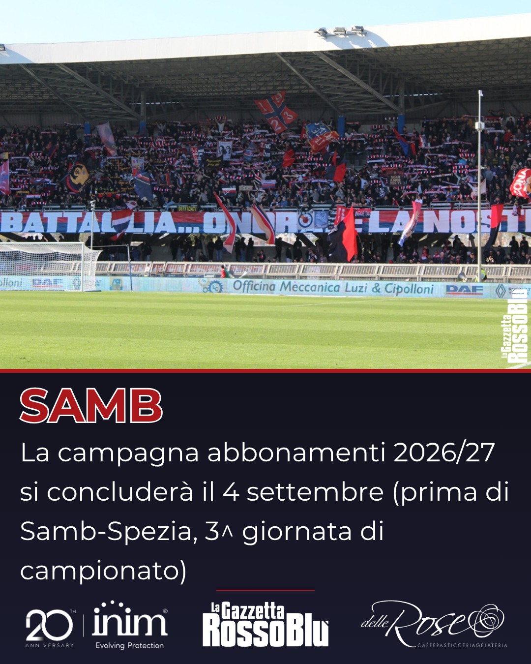 ABBONAMENTI 🎫

La campagna abbonamenti dell'@u.s.sambenedettese 🔴🔵 si concluderà venerdì 4 settembre, poco prima della sfida con lo Spezia 🏟 in programma domenica 6

#campagnaabbonamenti #grb #gazzettarossoblù #samb #sambenedettese #lagazzettarossoblù #calcio #seriec #gironeb #legapro #seriecskywifi #jevujebbèffernite