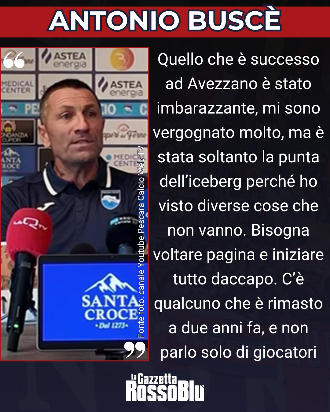 BUSCÈ 🎙

L'allenatore del Pescara senza mezze misure dopo la sconfitta in amichevole con l'Avezzano (Eccellenza) e in vista della partita di domani con la Samb in Coppa Italia di Serie C 🏆

#pessam #pescarasamb #grb #gazzettarossoblù #samb #sambenedettese #lagazzettarossoblù #calcio #seriec #gironeb #legapro #seriecskywifi #coppaitalia #coppaitaliaseriec