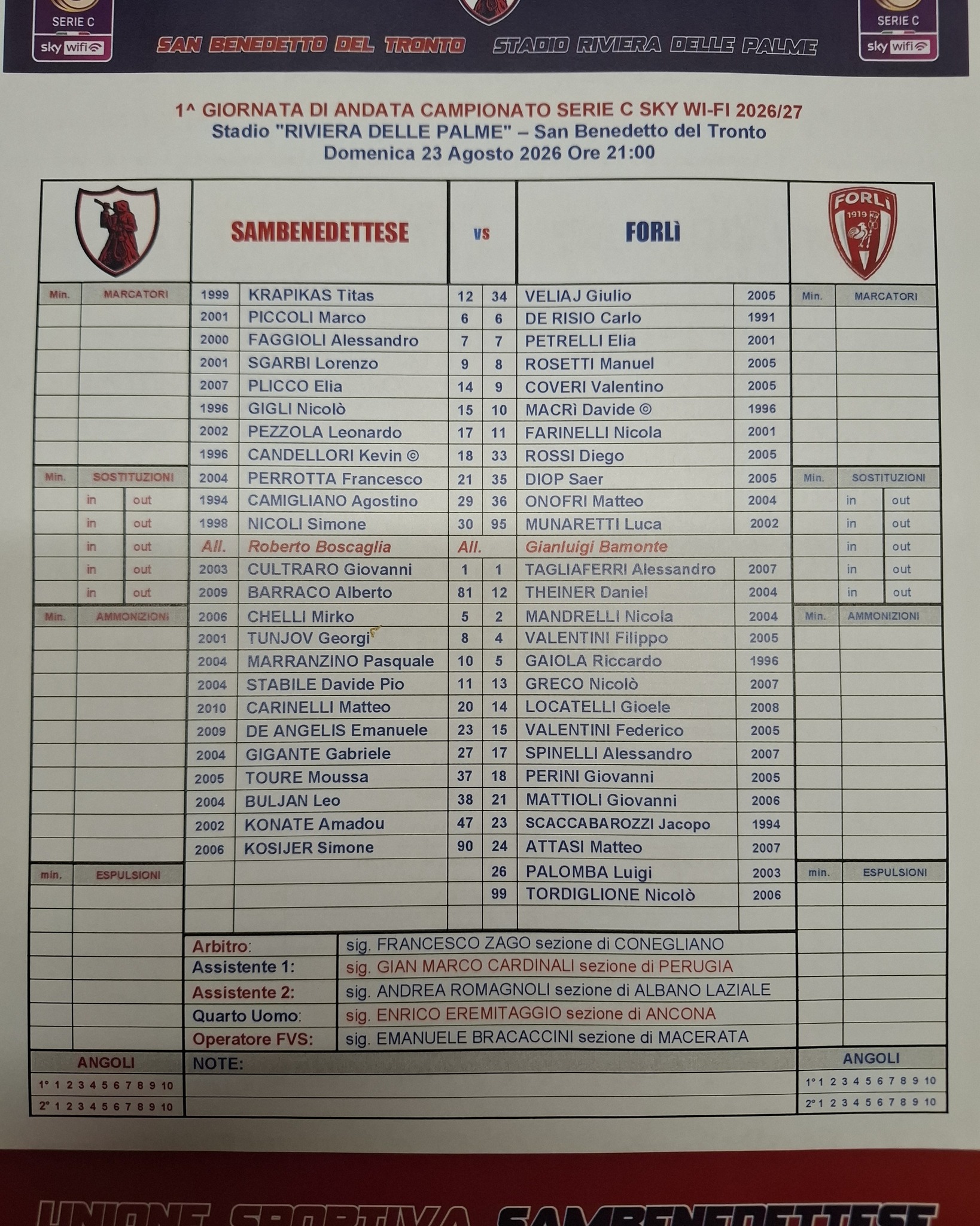 SAMB🔴🔵-FORLÌ

Le formazioni ufficiali: Plicco dal 1' al posto di Touré 

#plicco #seriec #legapro #sambforli