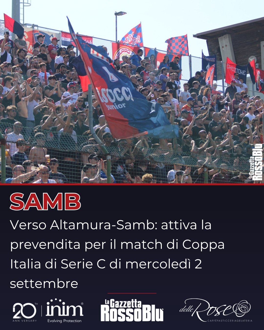 PREVENDITA 🎫

Attiva la prevendita anche per la partita di Coppa Italia di Serie C 🏆 tra Team Altamura e @u.s.sambenedettese 🔴🔵

🏟 L'incontro, valido per il secondo turno eliminatorio della competizione, si svolgerà mercoledì 2 settembre alle ore 21:00

#altsam #altamurasamb #prevendita #coppaitalia #coppaitaliaseriec #grb #gazzettarossoblù #samb #sambenedettese #lagazzettarossoblù #calcio #seriec #gironeb #legapro #seriecskywifi