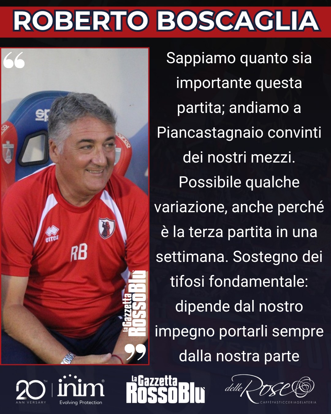 MISTER 🎙

@u.s.sambenedettese 🔴🔵, le parole di mister Roberto Boscaglia prima della partita in casa della Pianese 🏟

🔎 Niente conferenza stampa della vigilia per l'allenatore rossoblù, che ha rilasciato alcune dichiarazioni all'ufficio stampa del club

#robertoboscaglia #piasam #pianesesamb #grb #gazzettarossoblù #samb #sambenedettese #lagazzettarossoblù #calcio #seriec #gironeb #legapro #seriecskywifi