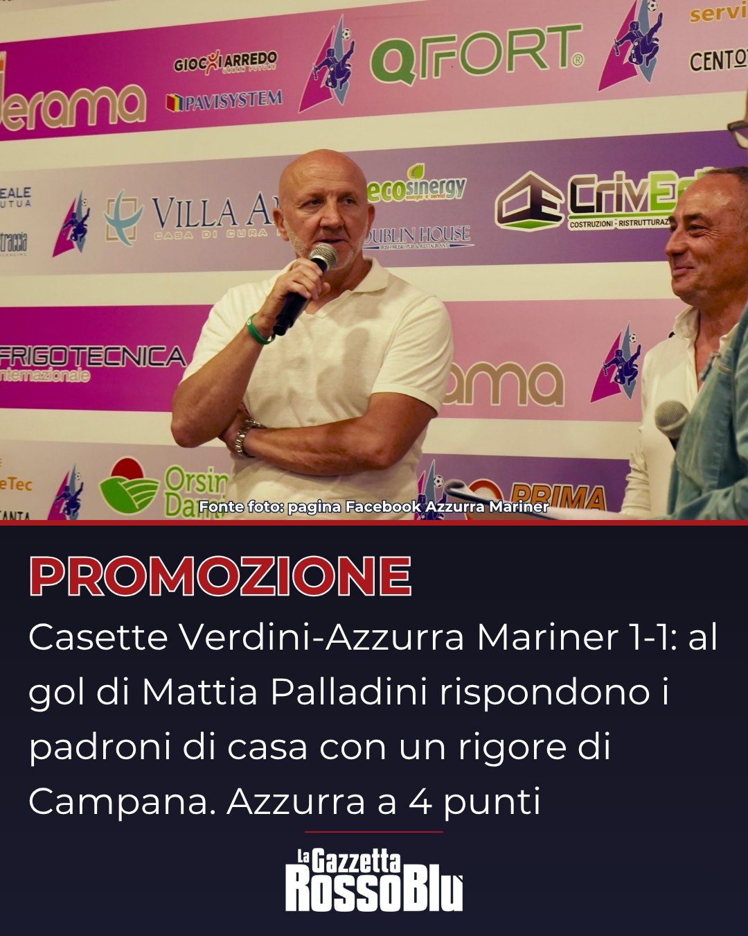 PROMOZIONE ⚽

Per l'@azzurramariner arriva un pareggio in casa del Casette Verdini 🏟

Al gol di Mattia Palladini ad inizio ripresa risponde il rigore di Campana: 1-1 il finale

#calcio #marche #promozione #gironeb #azzurramariner #grb #lagazzettarossoblù #casetteverdini #casetteverdiniazzurramariner