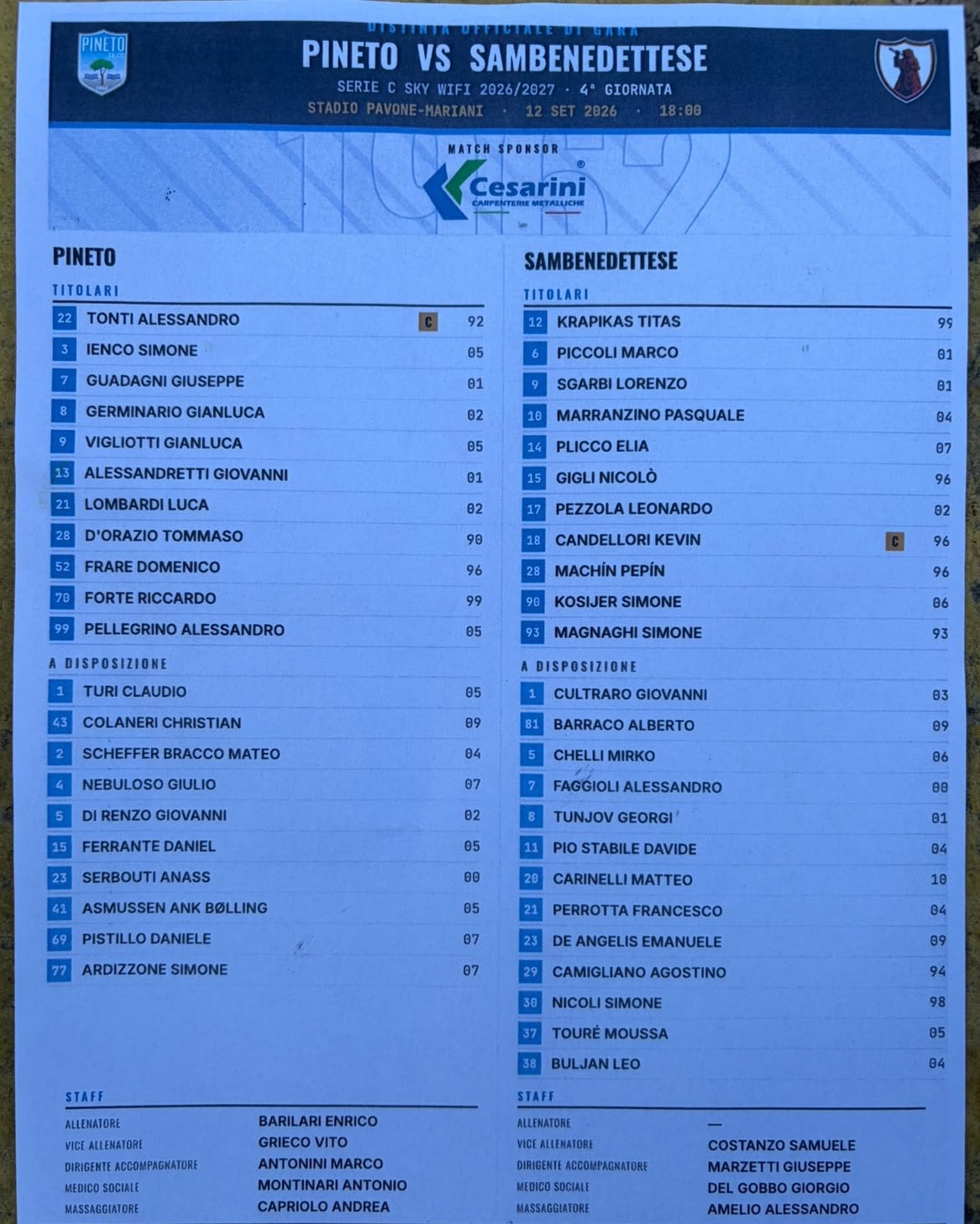 📋 FORMAZIONI

🏟 Le formazioni di Pineto e Samb 🔴🔵, che alle 18:00 si sfideranno nella 4^ giornata del girone B di Serie C

🆕 Tra i rossoblù di mister Boscaglia (squalificato, in panchina il Costanzo), la novità è Magnaghi dal 1'

#pinsam #pinetosamb #stadiomarianipavone #grb #gazzettarossoblù #samb #sambenedettese #lagazzettarossoblù #calcio #seriec #gironeb #legapro #seriecskywifi