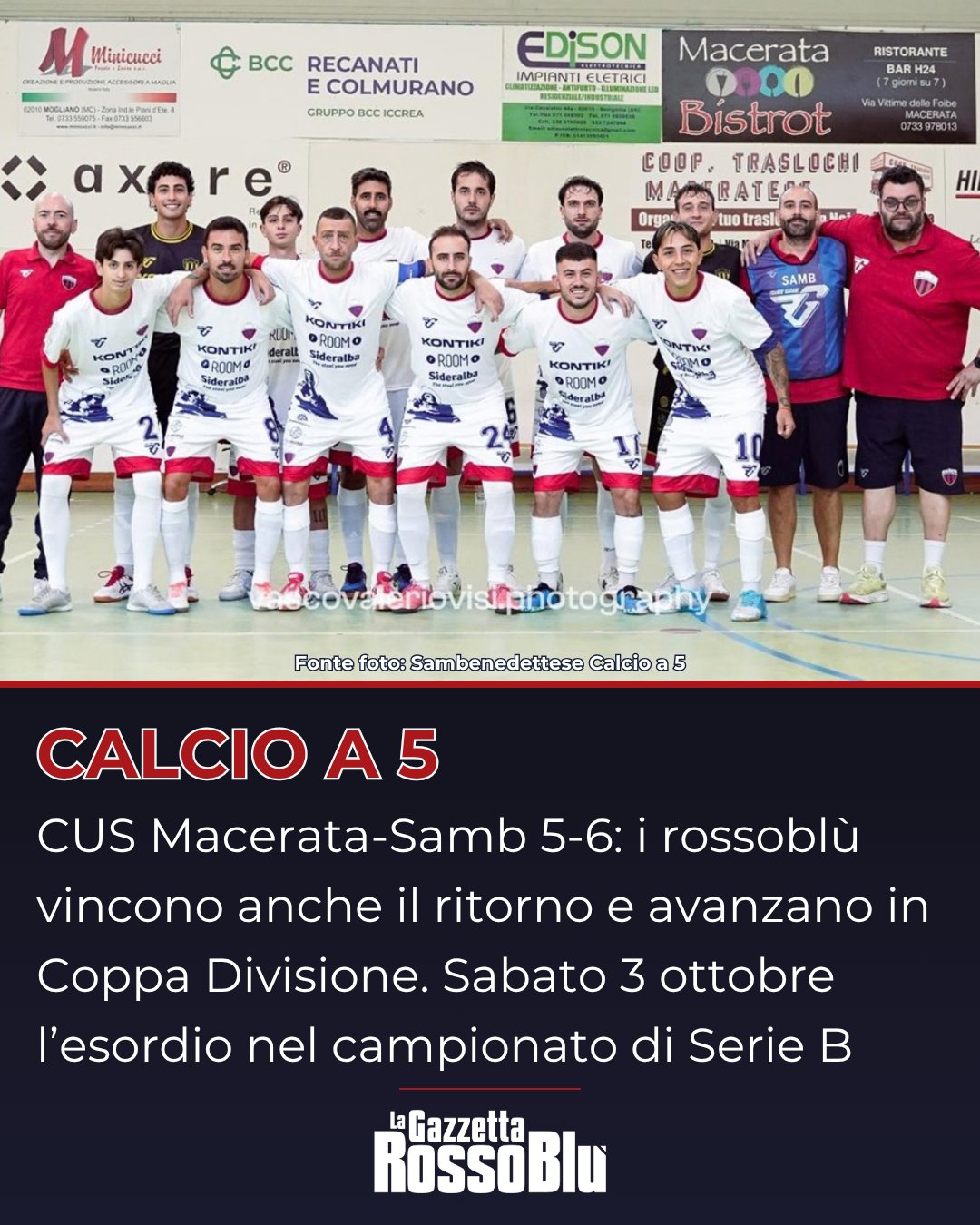 CALCIO A 5 ⚽

Dopo il successo dell'andata (6-4), la @sambcalcioa5 🔴🔵 vince anche il ritorno nel turno di Coppa Divisione 🏆 col CUS Macerata: 5-6

🔜 I rossoblù avanzano in Coppa. Sabato l'esordio nel campionato di Serie B con l'Ancona al Palaspeca

#calcioa5 #sambcalcioa5 #sambenedettesecalcioa5 #sambc5 #sambenedettesec5 #cusmaceratasamb #cusmacerata #c5 #grb #lagazzettarossoblù
