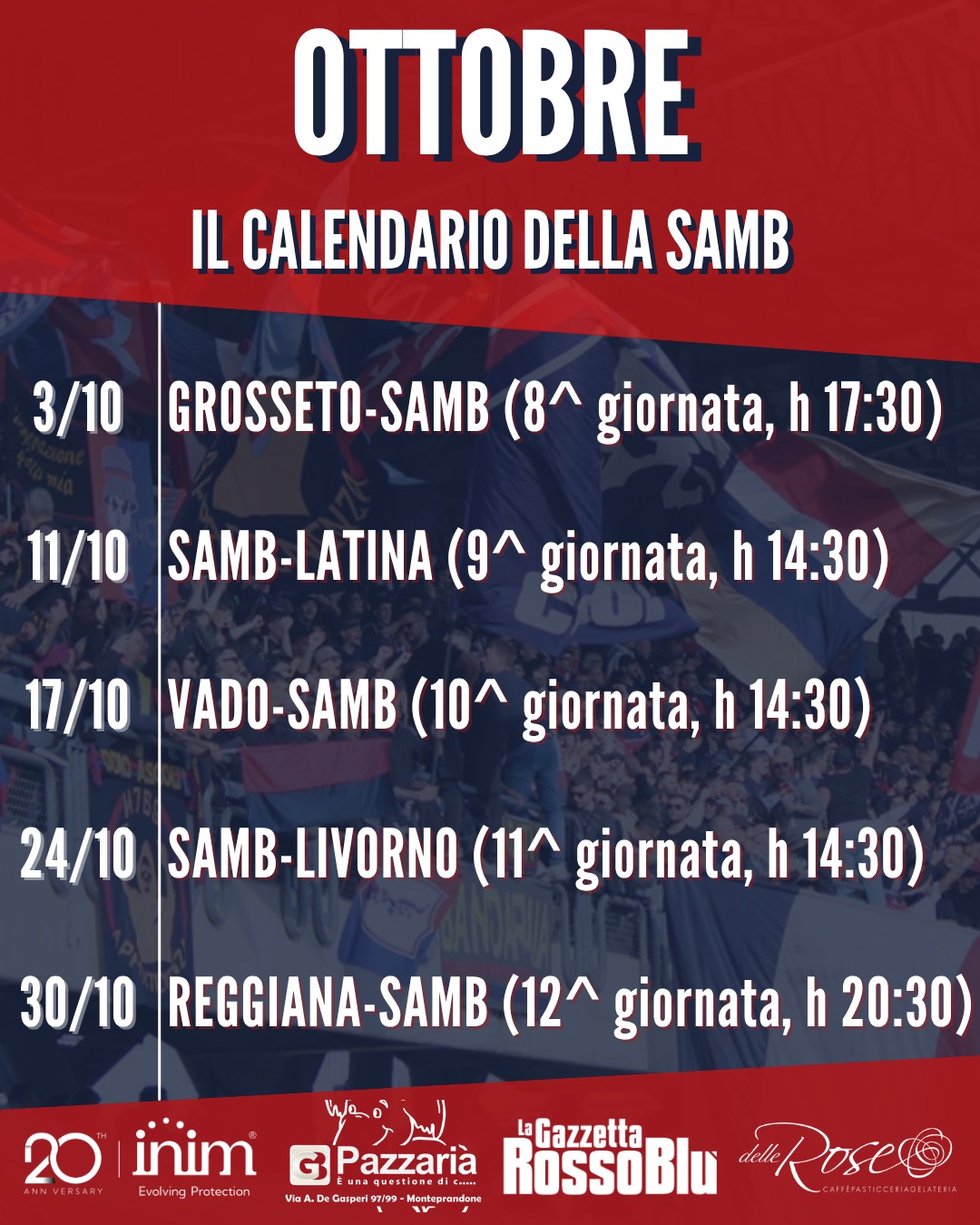 CALENDARIO 🗓

🏟 Le partite dell'@u.s.sambenedettese 🔴🔵 nel mese di ottobre

🛣 Il mese inizia con la trasferta di Grosseto e termina con quella di Reggio Emilia venerdì 30

#grb #gazzettarossoblù #samb #sambenedettese #lagazzettarossoblù #calcio #seriec #gironeb #legapro #seriecskywifi