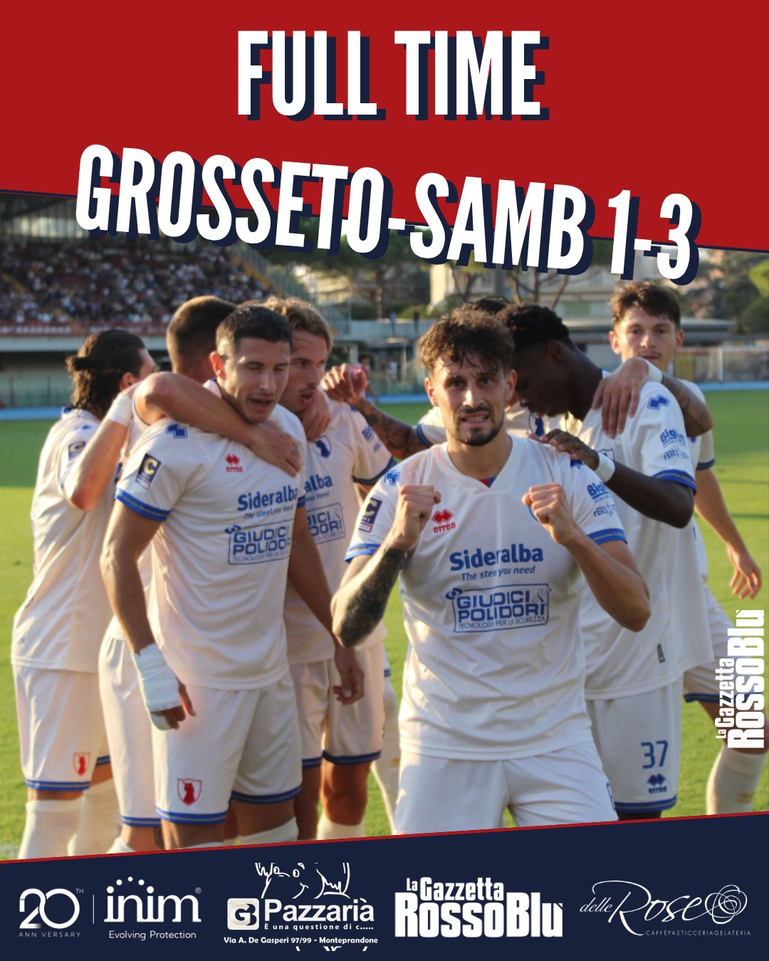 FINITA ❗

L'@u.s.sambenedettese 🔴🔵 centra finalmente la prima vittoria in campionato! In casa dell'imbattuto Grosseto 🏟 i rossoblù passano 3-1 grazie ai gol di Piccoli 🎯, Sgarbi 🎯e Candellori 🎯

#grosam #grossetosamb #stadiocarlozecchini #grb #gazzettarossoblù #samb #sambenedettese #lagazzettarossoblù #calcio #seriec #gironeb #legapro #seriecskywifi