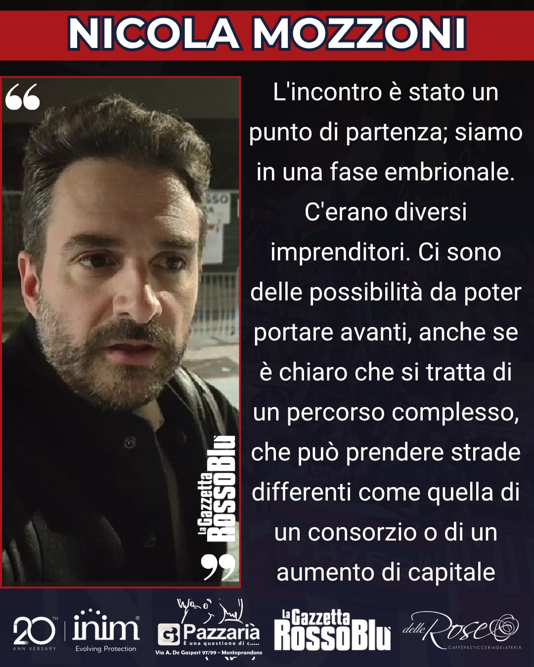 SINDACO 🎙

Le parole del sindaco @nicola.mozzoni dopo l'incontro di ieri allo stadio Riviera delle Palme 🏟 tra il presidente della @u.s.sambenedettese 🔴🔵 Vittorio Massi, il primo cittadino e diversi imprenditori del territorio 🤝🏻

#nicolamozzoni #vittoriomassi #nicolamozzonisindaco #sanbenedettodeltronto #sanbenedetto #sbt #grb #gazzettarossoblù #samb #sambenedettese #lagazzettarossoblù #calcio #seriec #gironeb #legapro #seriecskywifi