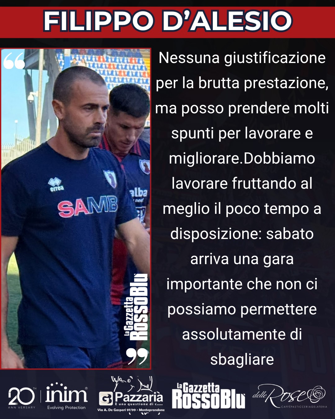 D'ALESIO 🎙

@u.s.sambenedettese 🔴🔵, le parole di mister Filippo D'Alesio dopo il pareggio col Latina 🏟

#filippodalesio #samlat #samblatina #grb #gazzettarossoblù #samb #sambenedettese #lagazzettarossoblù #calcio #seriec #gironeb #legapro #seriecskywifi