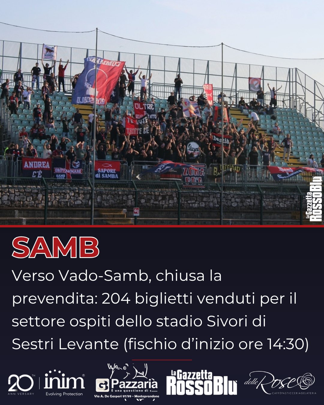 PREVENDITA 🎫

🏟 Chiusa la prevendita per la partita di domani tra Vado e @u.s.sambenedettese 🔴🔵

🙌🏻 Saranno più di 200 i tifosi rossoblù presenti a Sestri Levante (fischio d'inizio alle 14:30)

#prevendita #stadiogiuseppesivori #sestrilevante #vadsam #vadosamb #grb #gazzettarossoblù #samb #sambenedettese #lagazzettarossoblù #calcio #seriec #gironeb #legapro #seriecskywifi