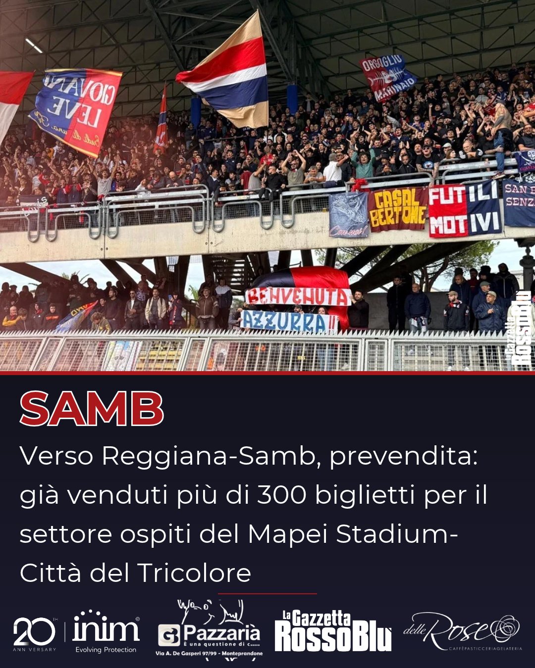 PREVENDITA 🎫

@u.s.sambenedettese 🔴🔵, in poco più di 24 ore di prevendita già venduti più di 300 biglietti in vista della trasferta di Reggio Emilia di venerdì sera 🛣

⚠ I tifosi rossoblù (solo se residenti nelle province di Ascoli, Fermo e Teramo e solo se in possesso di Samb Card) potranno acquistare i tagliandi per il settore ospiti del Mapei Stadium-Città del Tricolore fino alle 19:00 di giovedì 🏟

#regsam #reggianasamb #prevendita #grb #gazzettarossoblù #samb #sambenedettese #lagazzettarossoblù #calcio #seriec #gironeb #legapro #seriecskywifi